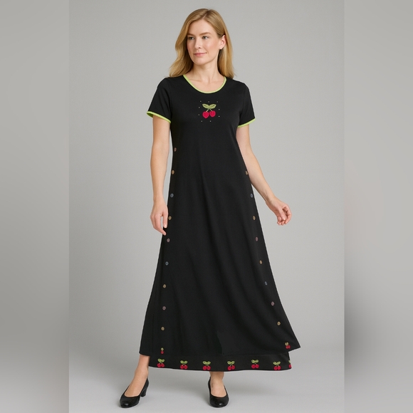 VTG Quacker Factory Cherry Rhinestone Maxi Dress Black Y2K Lounge 1X L Teacher - Picture 1 of 7